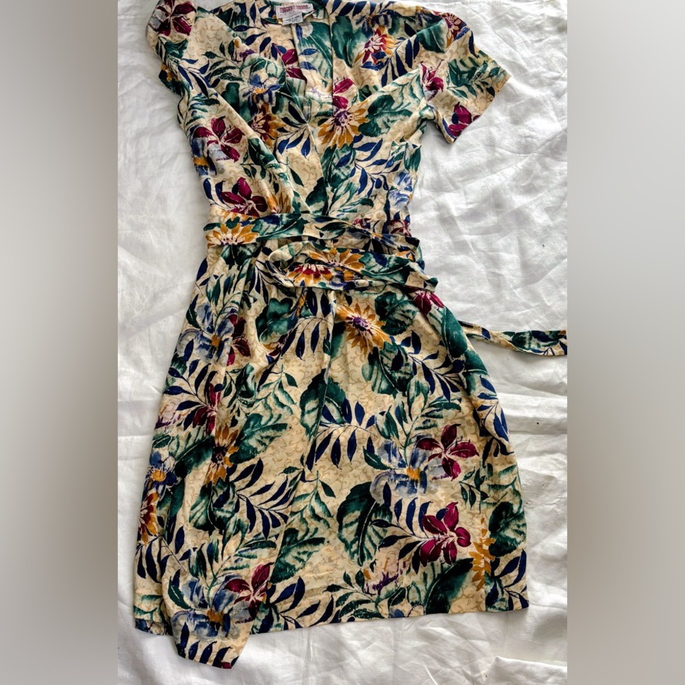 Maggy London Cream Floral Wrap Midi with Green, Blue & Magenta Accents